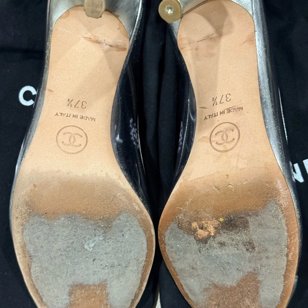 Vintage Chanel Silver Cap Toe Leather and PVC Pumps